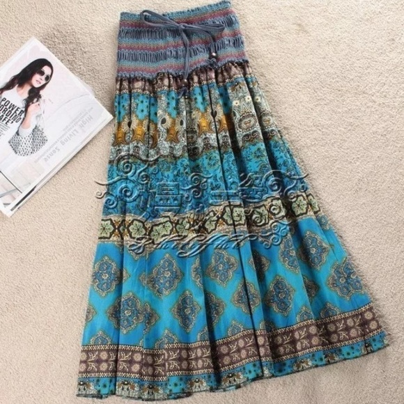 Boho Syle floral blue skater midi Smoked Skirt - Picture 15 of 16